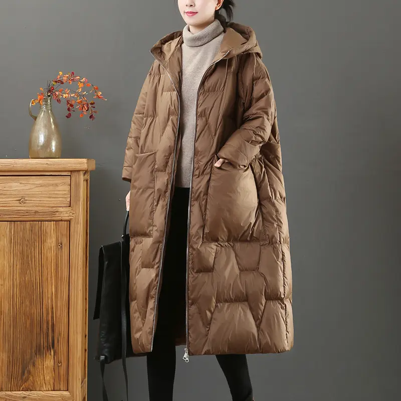 Women's Knee-length Hooded Down Jacket, White Duck Down, Lightweight, Loose Lingerie, Big Yards Long-sleeved Winter Clothing
