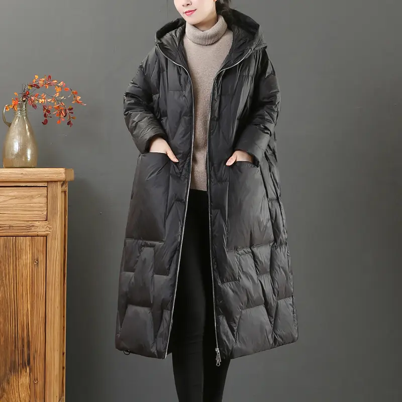 Women's Knee-length Hooded Down Jacket, White Duck Down, Lightweight, Loose Lingerie, Big Yards Long-sleeved Winter Clothing