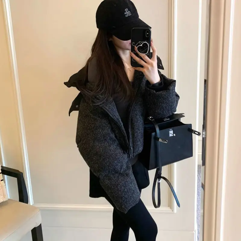 Short Down Jacket for Women 90White Duck Down Hooded Thickened Stand Collar Puffer Jacket Loose Casual Coats, Black, Fashionable
