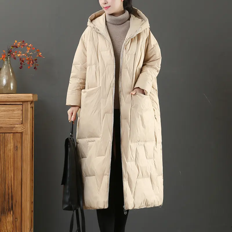 Women's Knee-length Hooded Down Jacket, White Duck Down, Lightweight, Loose Lingerie, Big Yards Long-sleeved Winter Clothing