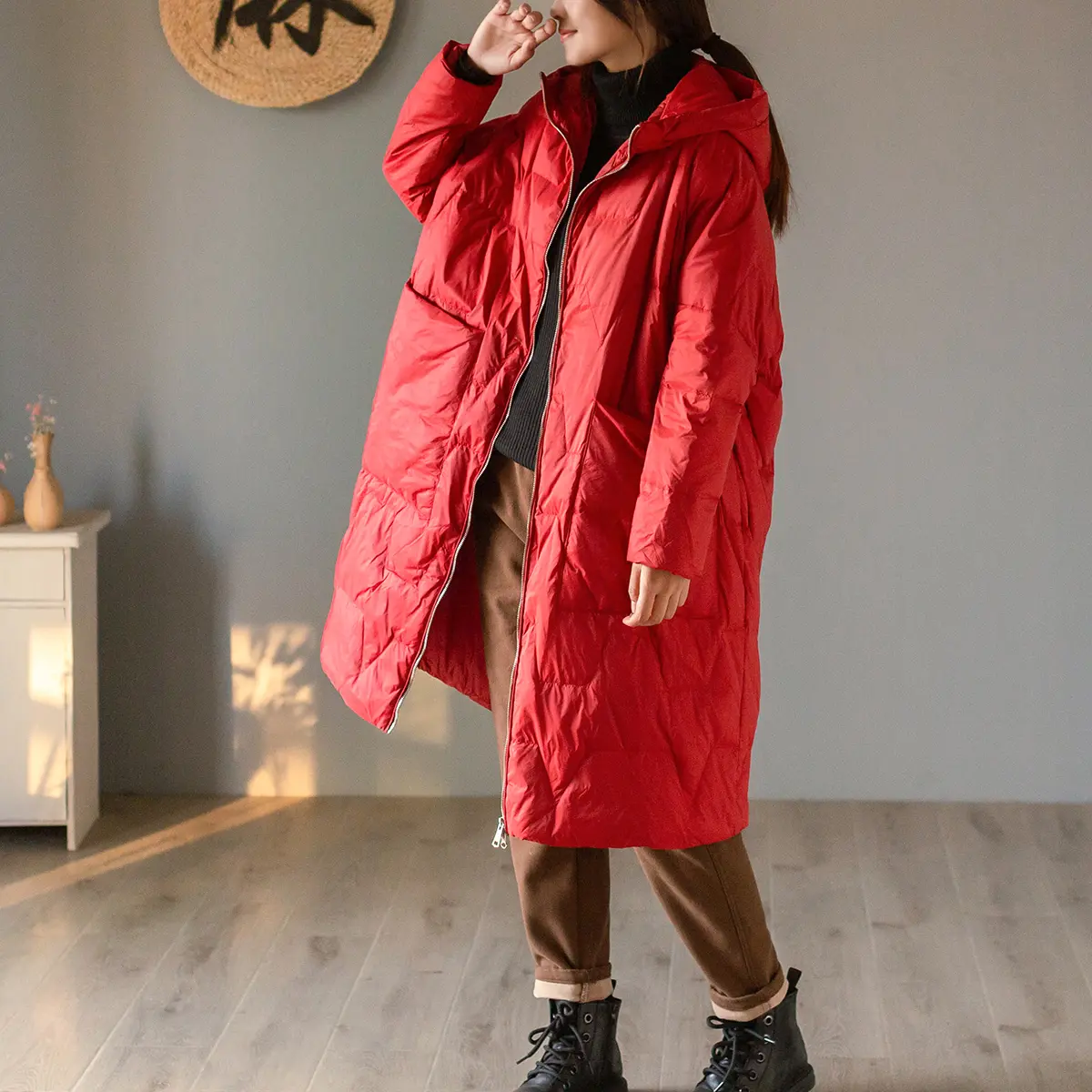 Women's Knee-length Hooded Down Jacket, White Duck Down, Lightweight, Loose Lingerie, Big Yards Long-sleeved Winter Clothing