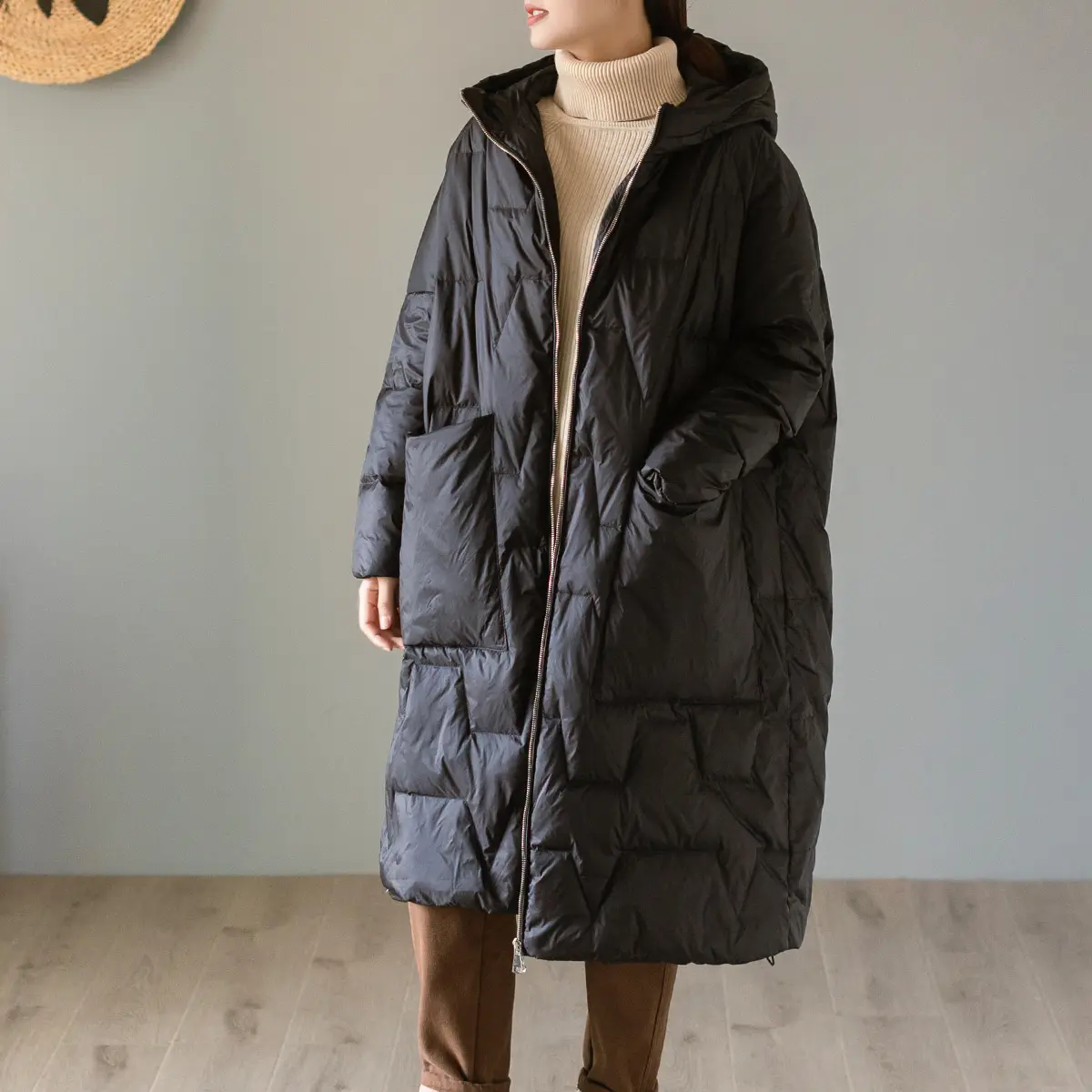 Women's Knee-length Hooded Down Jacket, White Duck Down, Lightweight, Loose Lingerie, Big Yards Long-sleeved Winter Clothing