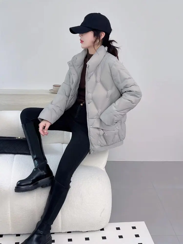 Women's Light Short White Duck Down Coat, Slim Stand-up Collar, Warm Jacket, Temperament Leisure Parka, Winter, New, 2024