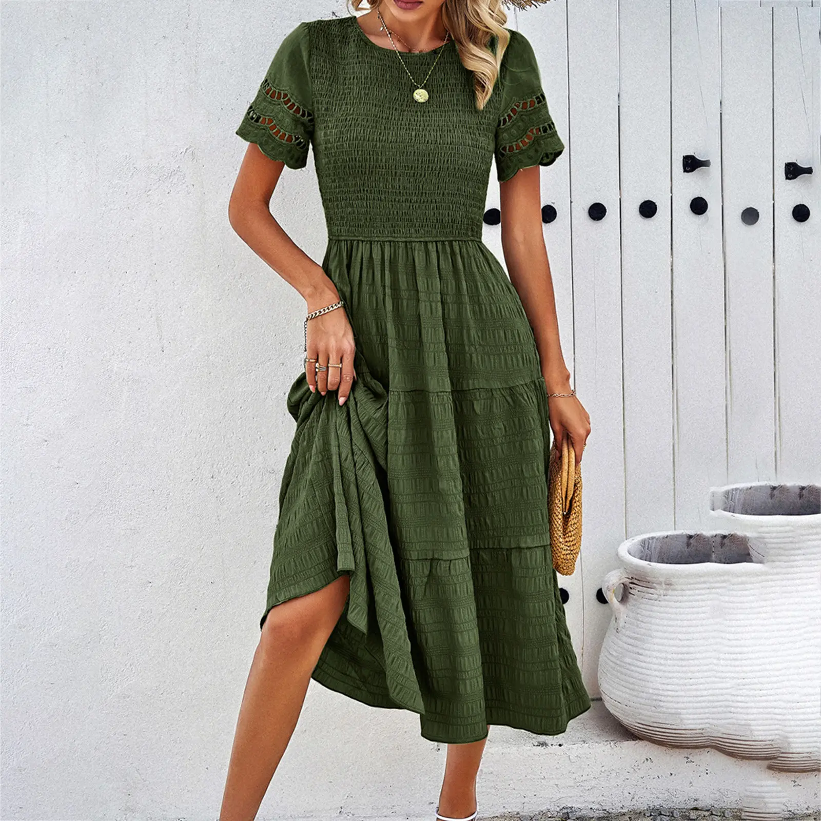 Women's Spring and Summer New Temperament Pure Color Short-sleeved Hollowed Out Dresses Waist Thin Large Hem Mid-length Skirt
