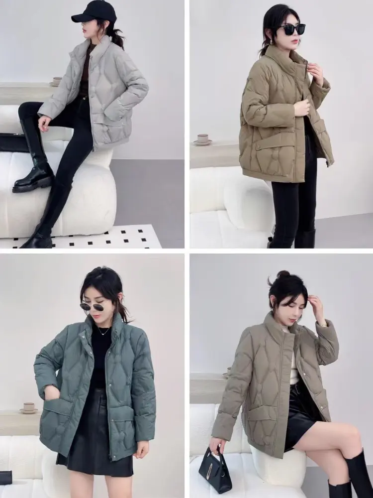 Women's Light Short White Duck Down Coat, Slim Stand-up Collar, Warm Jacket, Temperament Leisure Parka, Winter, New, 2024