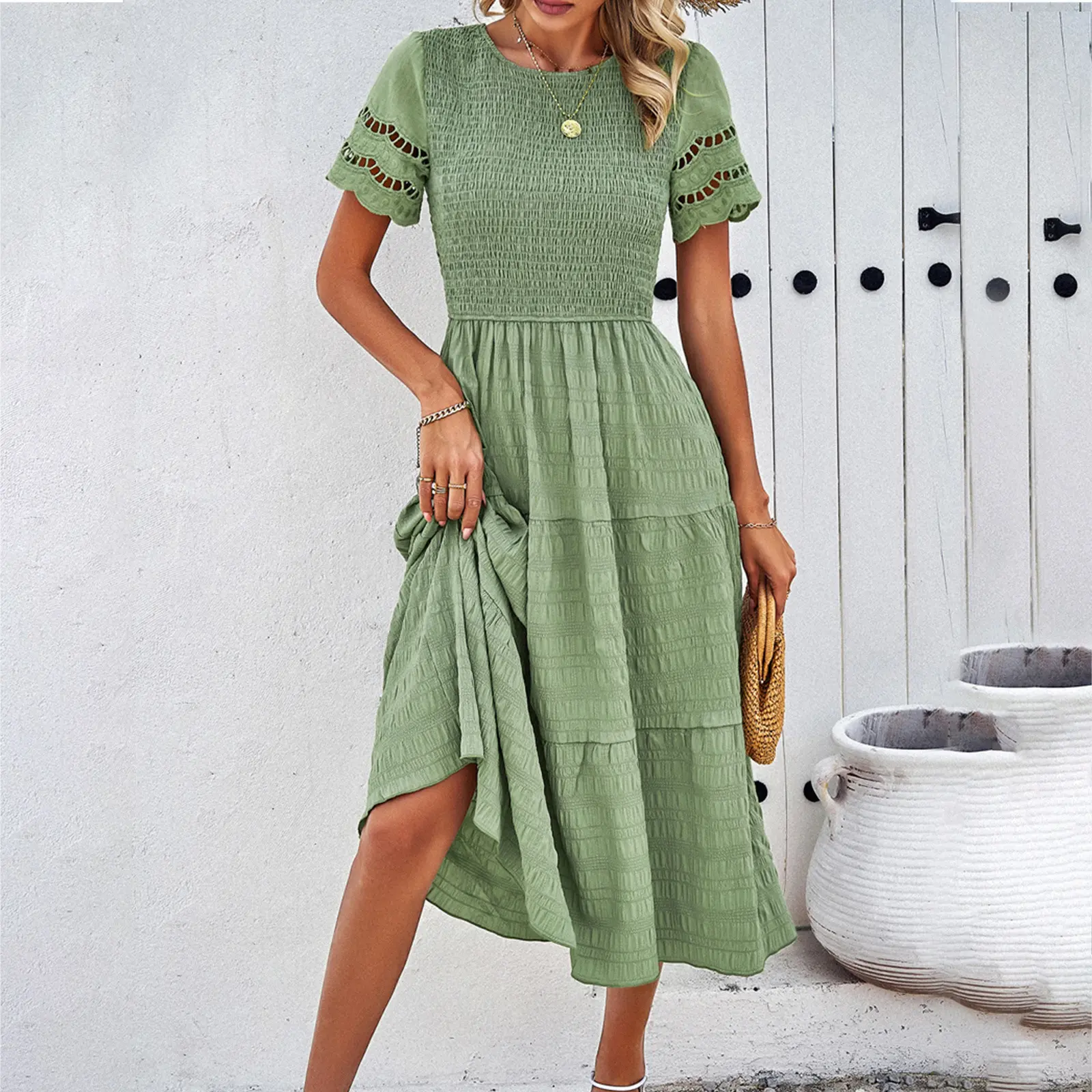 Women's Spring and Summer New Temperament Pure Color Short-sleeved Hollowed Out Dresses Waist Thin Large Hem Mid-length Skirt