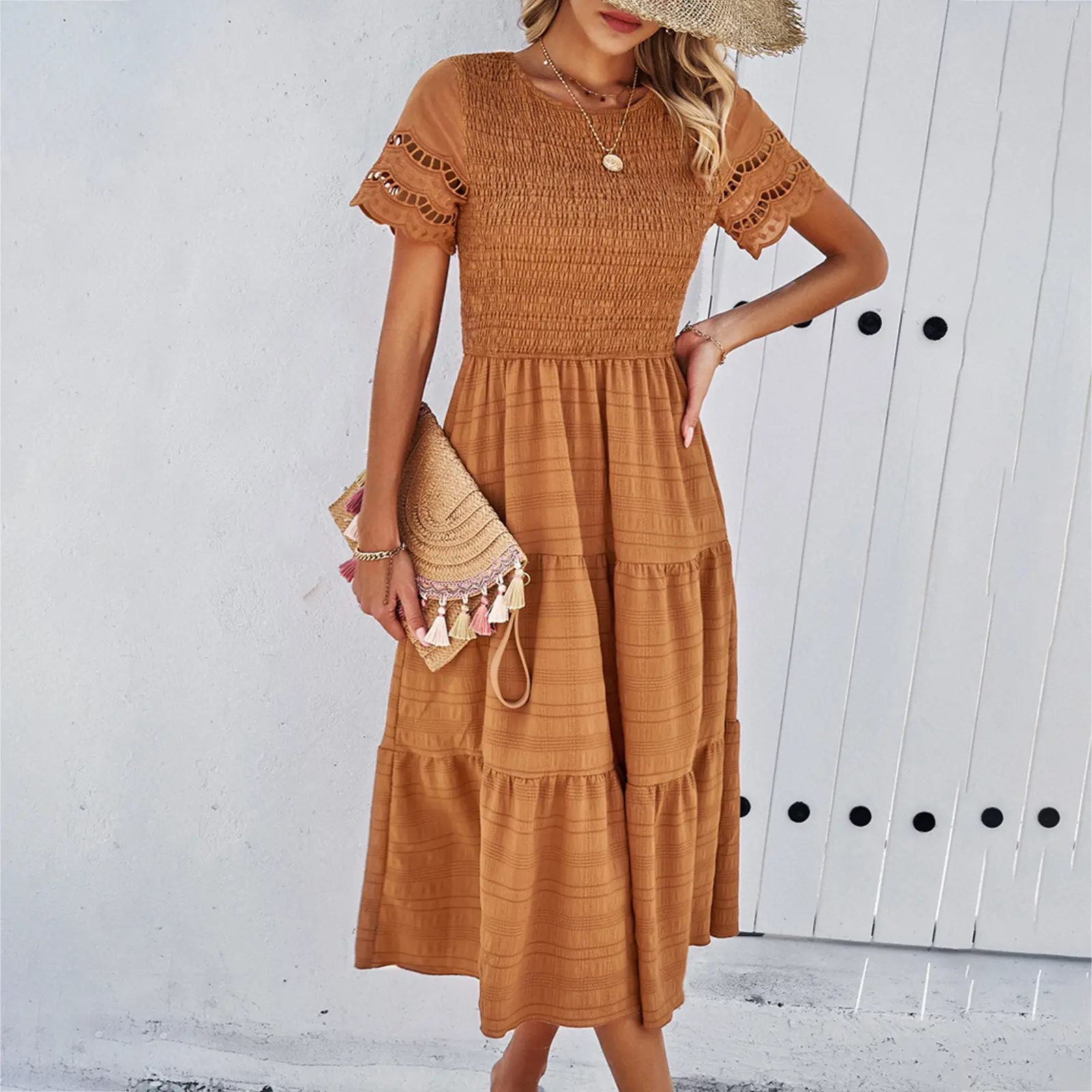 Women's Spring and Summer New Temperament Pure Color Short-sleeved Hollowed Out Dresses Waist Thin Large Hem Mid-length Skirt