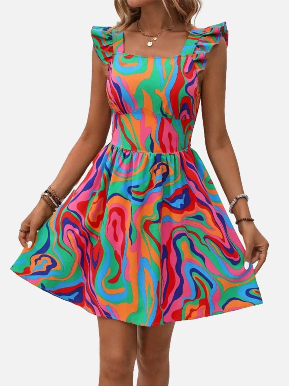 Summer New Europe and The United States Women's Clothing Square Neck Print Slim A-line Dress Ruffle Edge Backless Halter Dress