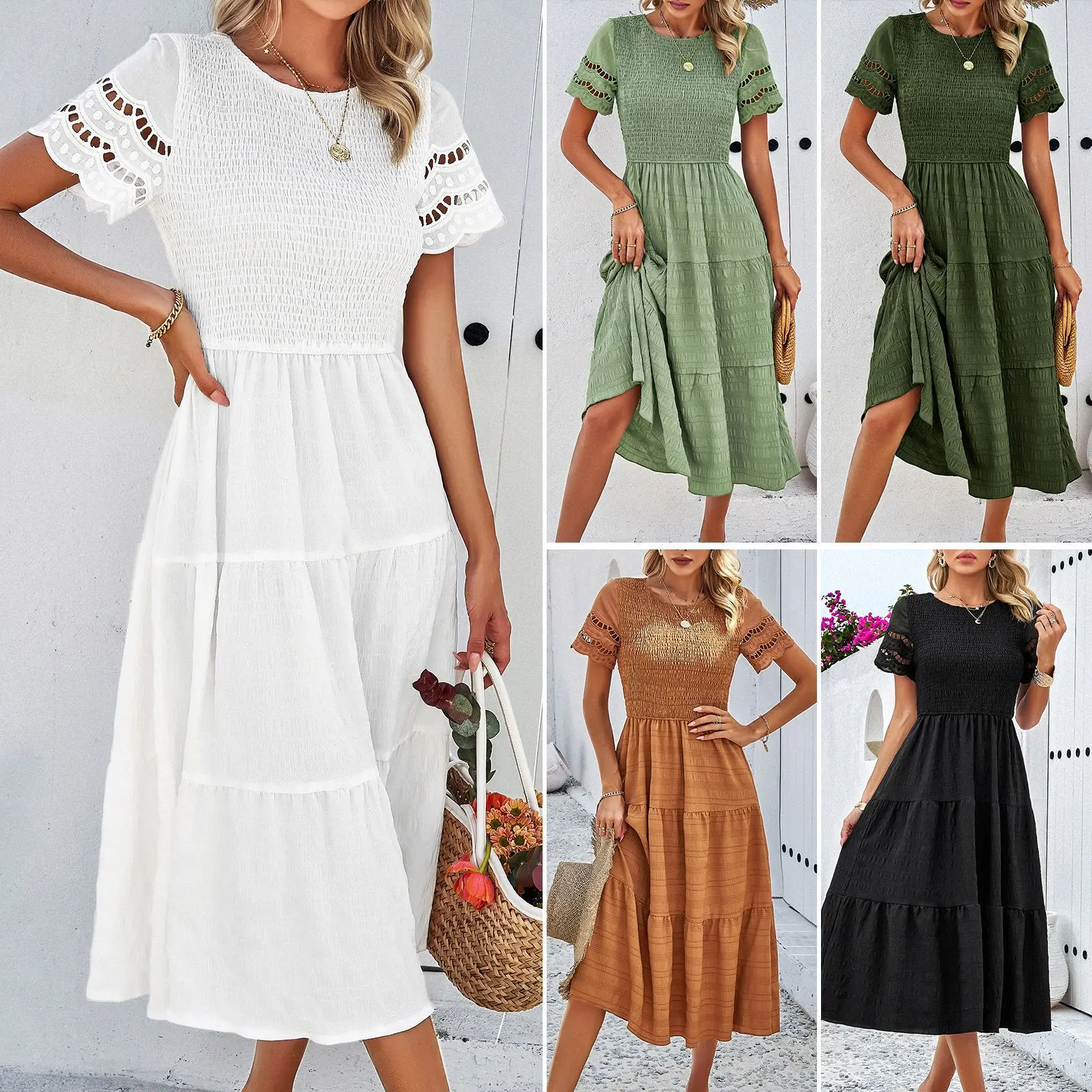 Women's Spring and Summer New Temperament Pure Color Short-sleeved Hollowed Out Dresses Waist Thin Large Hem Mid-length Skirt