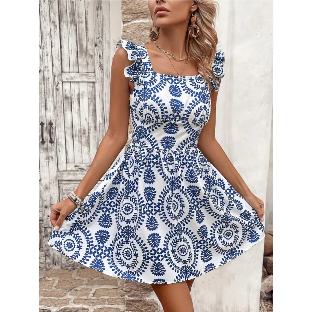 Summer New Europe and The United States Women's Clothing Square Neck Print Slim A-line Dress Ruffle Edge Backless Halter Dress