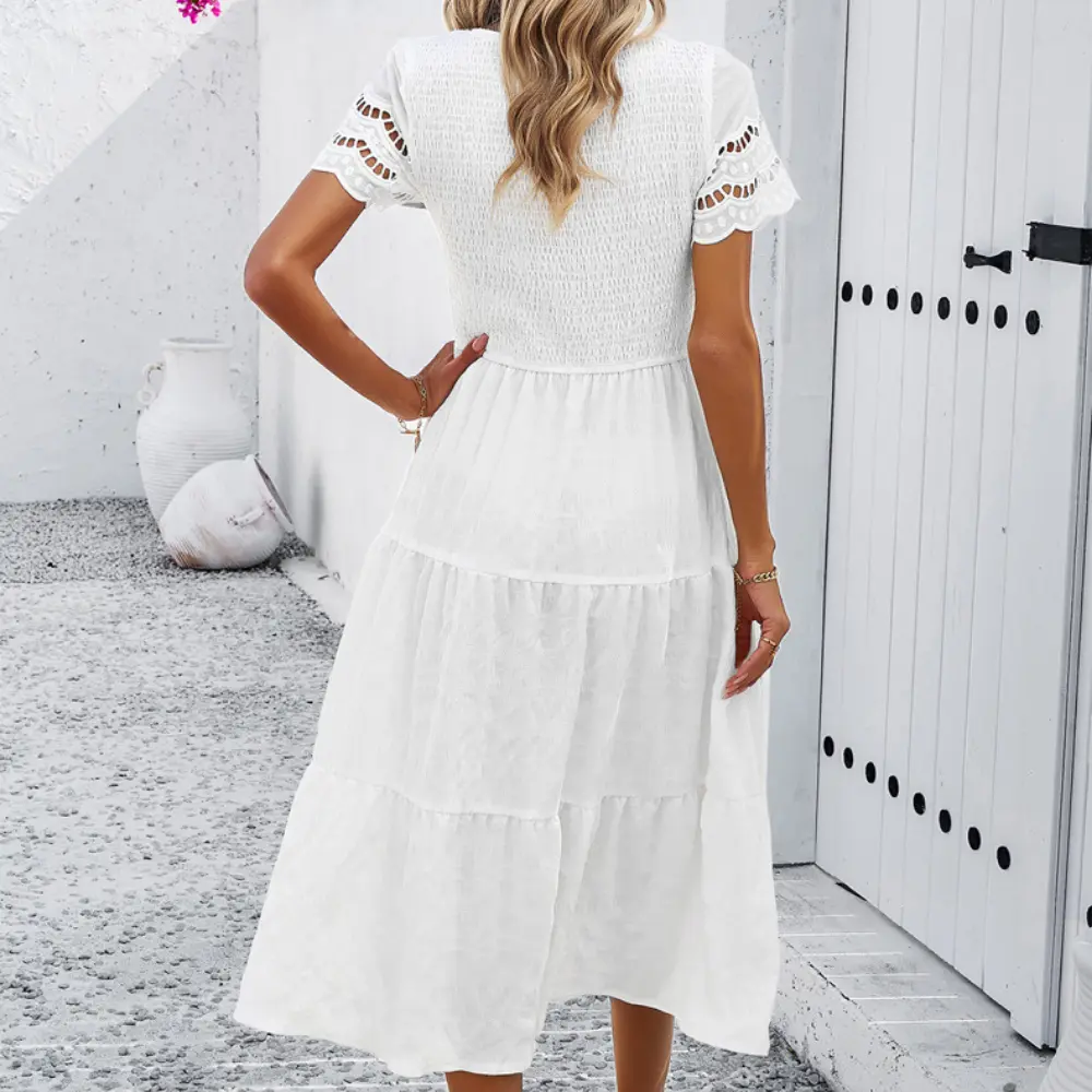 Women's Spring and Summer New Temperament Pure Color Short-sleeved Hollowed Out Dresses Waist Thin Large Hem Mid-length Skirt