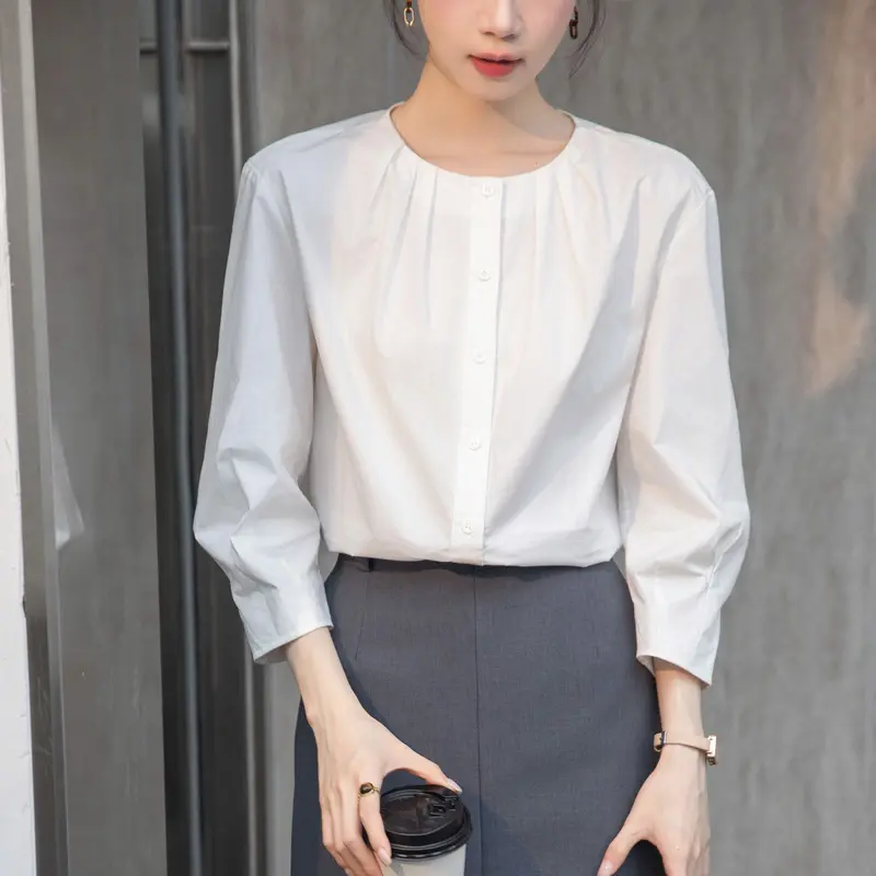 Seven-quarter Sleeve Cotton Shirt and Blouses Woman Summer Round Neck Top Korean Button Elegance Sweet Office Casual Coats