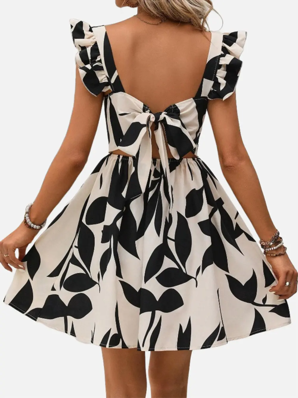 Summer New Europe and The United States Women's Clothing Square Neck Print Slim A-line Dress Ruffle Edge Backless Halter Dress