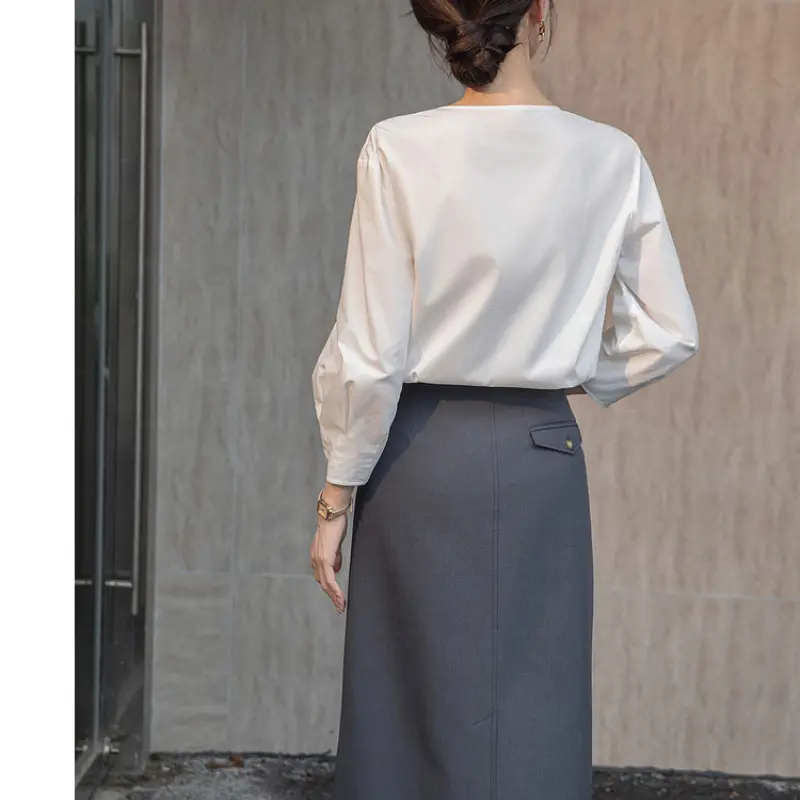 Seven-quarter Sleeve Cotton Shirt and Blouses Woman Summer Round Neck Top Korean Button Elegance Sweet Office Casual Coats