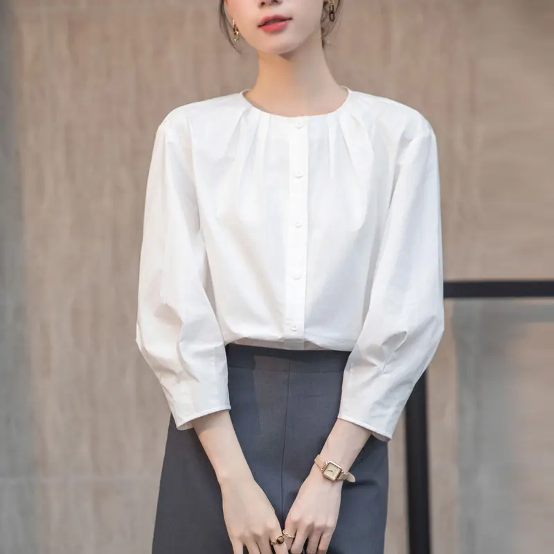 Seven-quarter Sleeve Cotton Shirt and Blouses Woman Summer Round Neck Top Korean Button Elegance Sweet Office Casual Coats