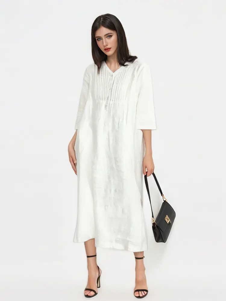 Summer Cotton Linen Womens Dresses 2025 Vintage Style V-neck Dress Solid Color Loose Female Casual Long Dresses