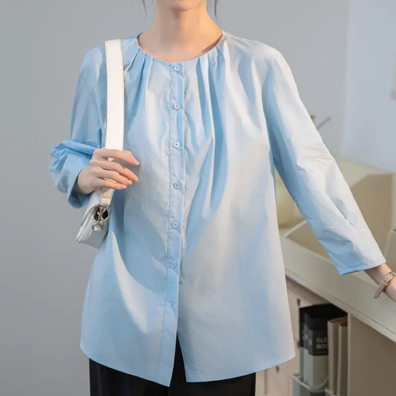 Seven-quarter Sleeve Cotton Shirt and Blouses Woman Summer Round Neck Top Korean Button Elegance Sweet Office Casual Coats