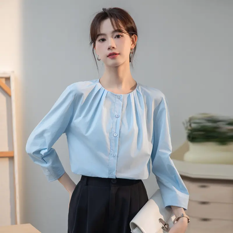 Seven-quarter Sleeve Cotton Shirt and Blouses Woman Summer Round Neck Top Korean Button Elegance Sweet Office Casual Coats