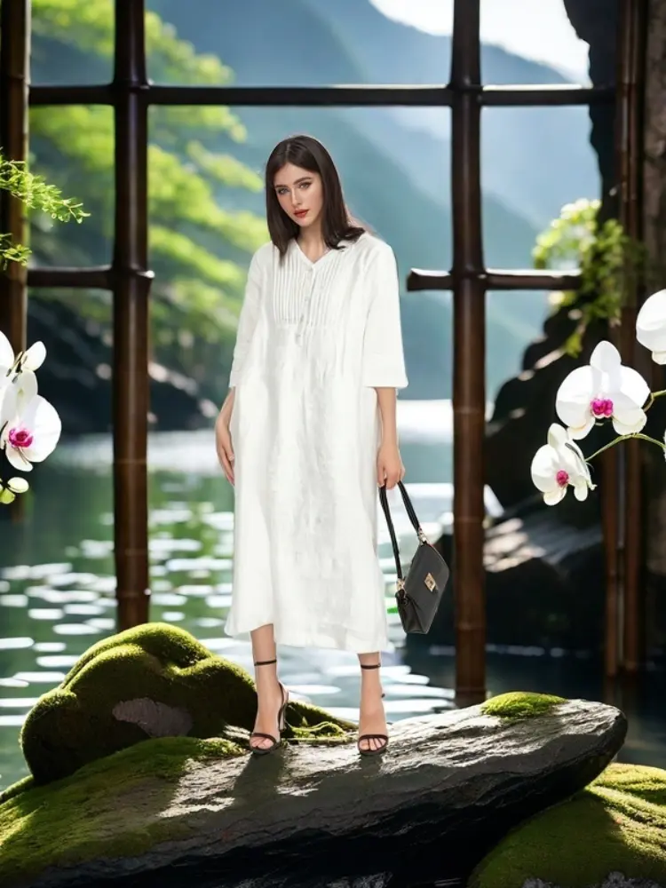 Summer Cotton Linen Womens Dresses 2025 Vintage Style V-neck Dress Solid Color Loose Female Casual Long Dresses