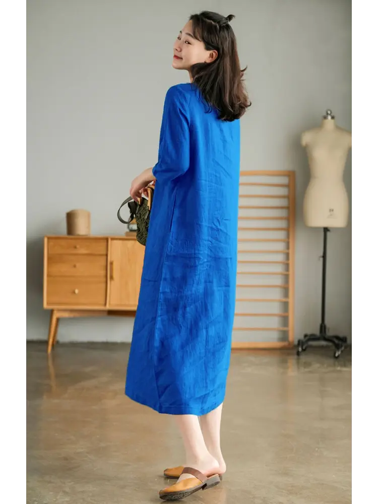 Summer Cotton Linen Womens Dresses 2025 Vintage Style V-neck Dress Solid Color Loose Female Casual Long Dresses