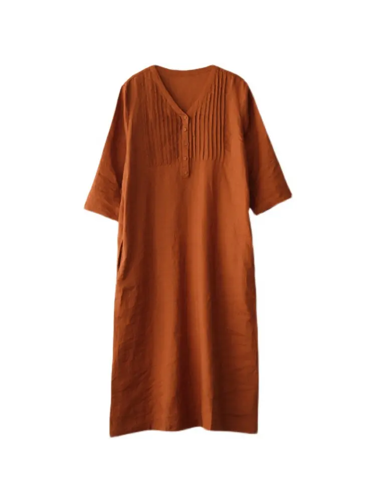 Summer Cotton Linen Womens Dresses 2025 Vintage Style V-neck Dress Solid Color Loose Female Casual Long Dresses