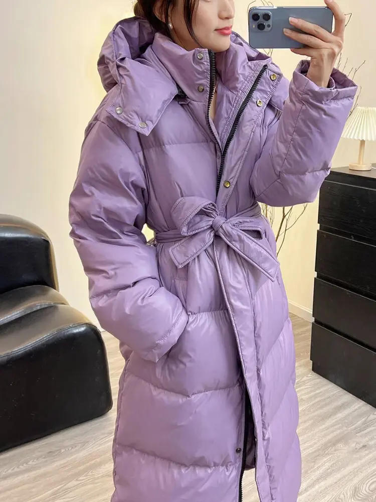 Long Duck Down Puffer Coat for Women, Hooded Parkas with Sashes, Waterproof Outwear for Female, Winter