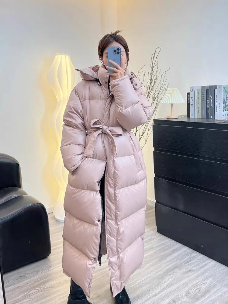 Long Duck Down Puffer Coat for Women, Hooded Parkas with Sashes, Waterproof Outwear for Female, Winter