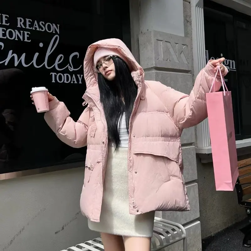 Women's Down Puffer Jacket, Simple Solid Casual Stylish Pocket Down Jackets, Thick Warm Waist, Mid-length Outerwear, Winter, New