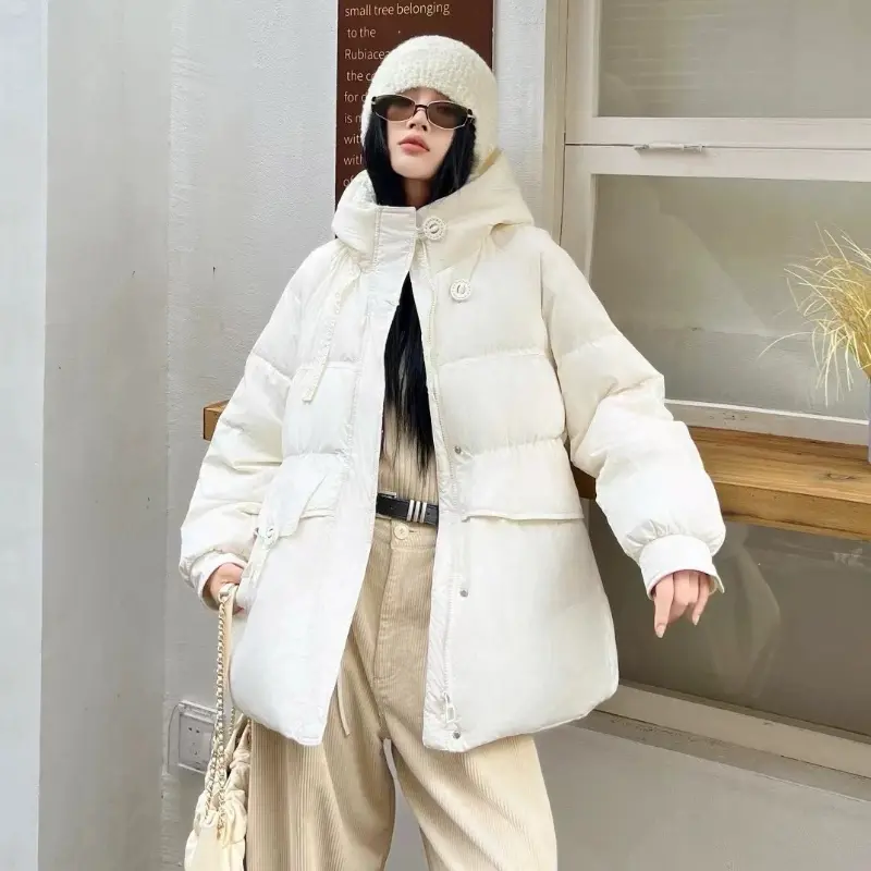 Women's Down Puffer Jacket, Simple Solid Casual Stylish Pocket Down Jackets, Thick Warm Waist, Mid-length Outerwear, Winter, New