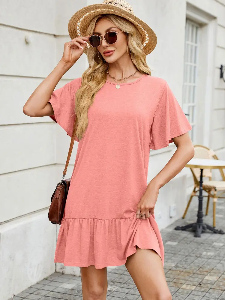 2025 Spring and Summer New Solid Color Round Neck Loose Dresses Short-sleeved Ruffled A-line Casual Skirt Loose Thin Dresses