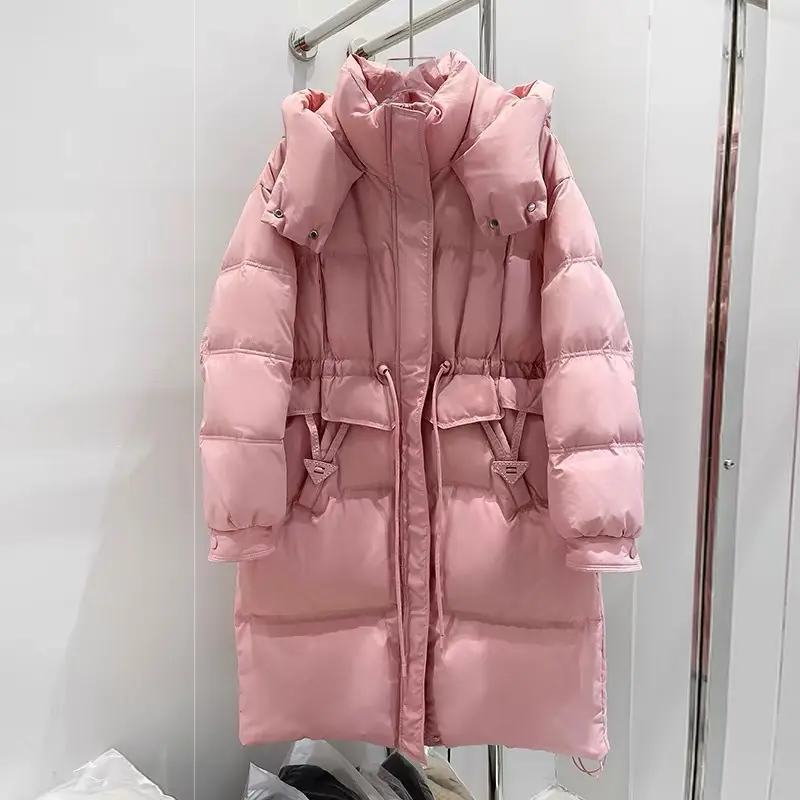 Long White Duck Parkas for Women, Hooded Down Jacket, Light, Luxury, Waisted, Warm Down Coats, Korean Fashion, Winter, 2024