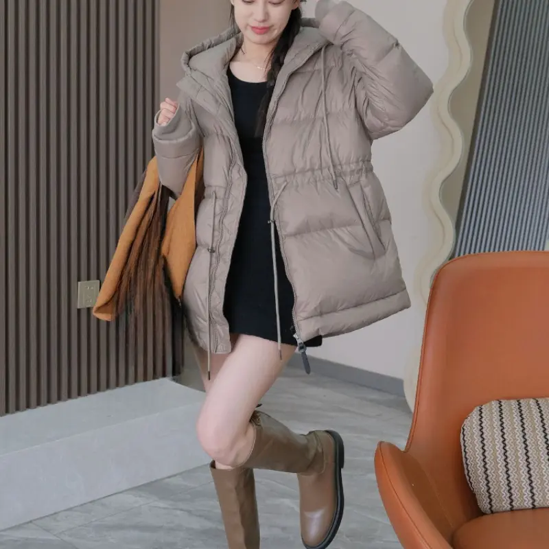 Women's Fluffy Warm Down Jacket, White Goose, Lightweight, Drawstring Waisted, Hooded Puff, Bread Clothing, Spring, Winter, 90