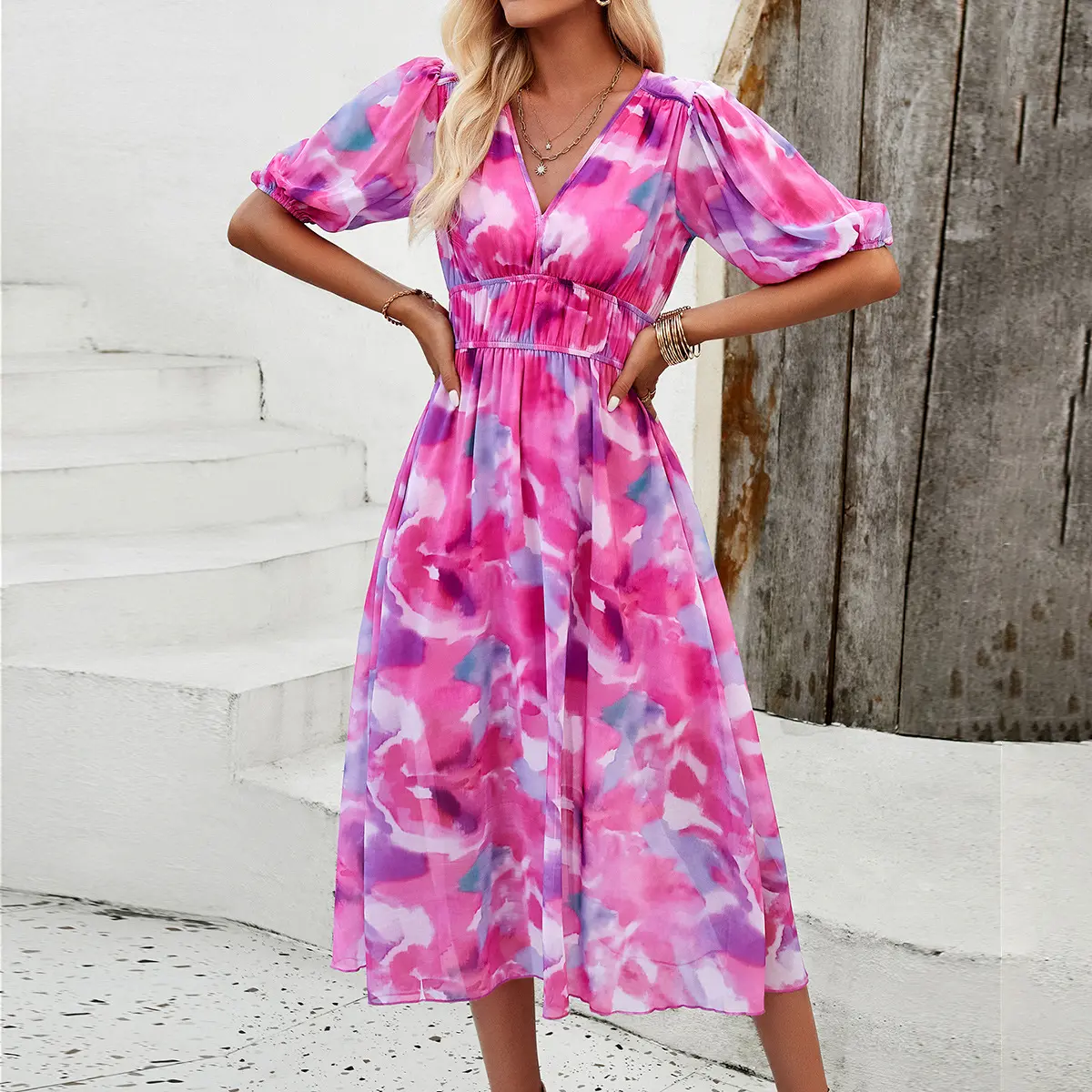 Spring and Summer New Dresses for Women Vacation Leisure Printing Temperament Waisted V-neck Short-sleeved Long Dresses