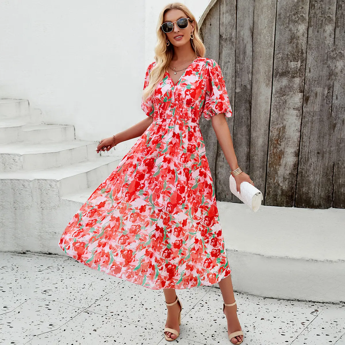 Spring and Summer New Dresses for Women Vacation Leisure Printing Temperament Waisted V-neck Short-sleeved Long Dresses