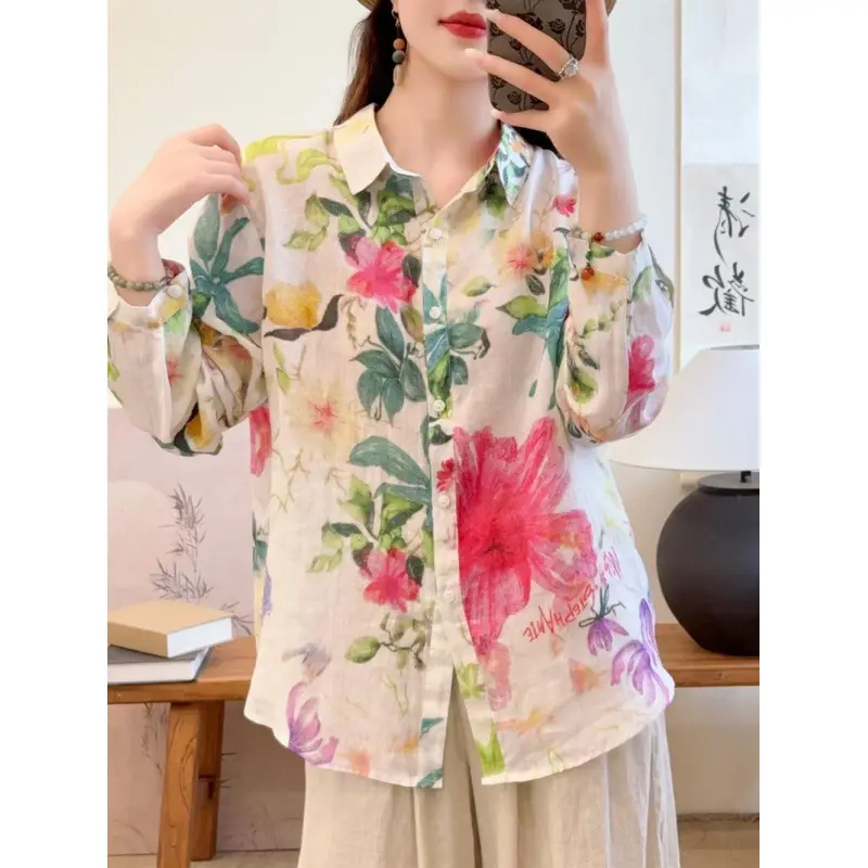 Floral Print Women's Shirt Polo Neck Top Summer Style Loose and Sweet Shirts Korean Reviews Many Girls Clothes Shirts & Blouses