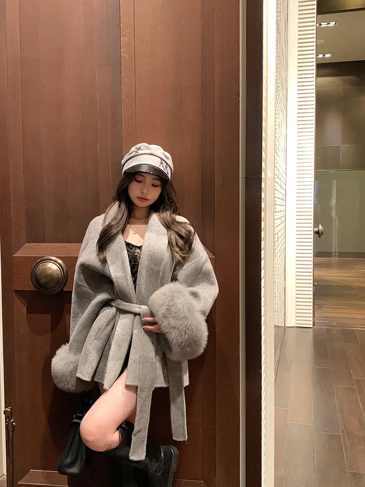 New Fox Fur Coat Gray Tie Waisted Double-sided Cashmere Tweed Coat Female Autumn and Winter Long-sleeved Loose Coat in Long Tops
