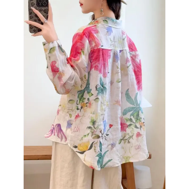 Floral Print Women's Shirt Polo Neck Top Summer Style Loose and Sweet Shirts Korean Reviews Many Girls Clothes Shirts & Blouses