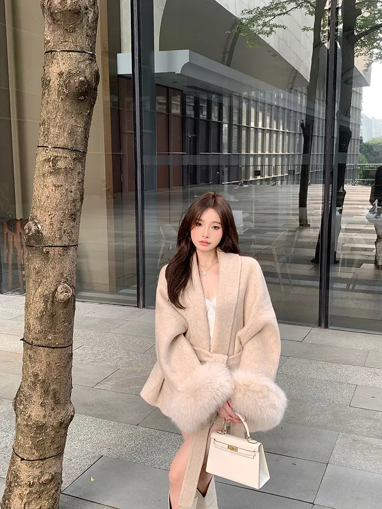 New Fox Fur Coat Gray Tie Waisted Double-sided Cashmere Tweed Coat Female Autumn and Winter Long-sleeved Loose Coat in Long Tops