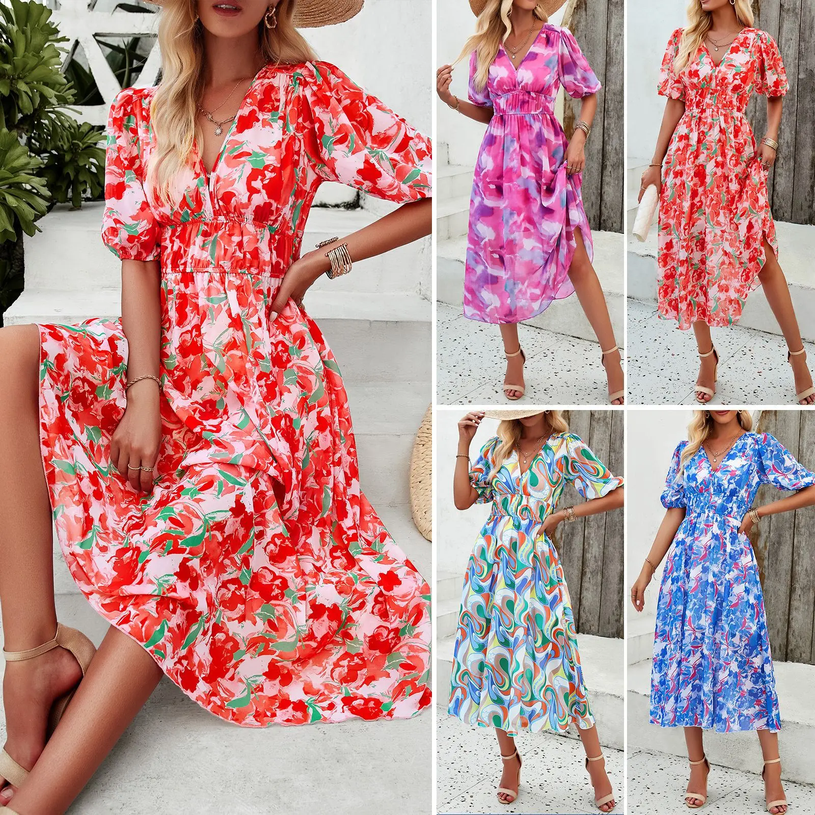 Spring and Summer New Dresses for Women Vacation Leisure Printing Temperament Waisted V-neck Short-sleeved Long Dresses