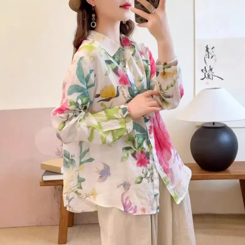 Floral Print Women's Shirt Polo Neck Top Summer Style Loose and Sweet Shirts Korean Reviews Many Girls Clothes Shirts & Blouses