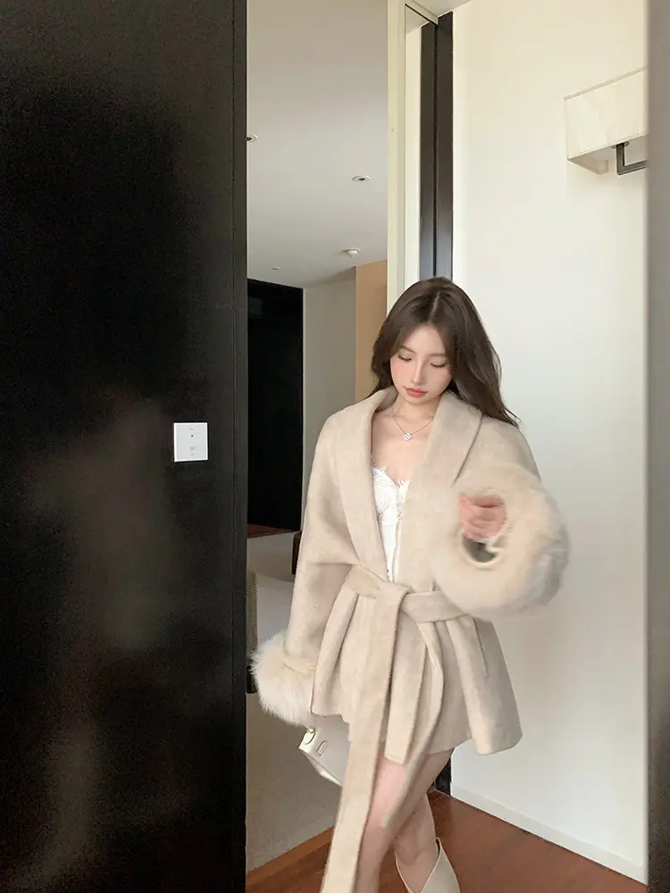 New Fox Fur Coat Gray Tie Waisted Double-sided Cashmere Tweed Coat Female Autumn and Winter Long-sleeved Loose Coat in Long Tops