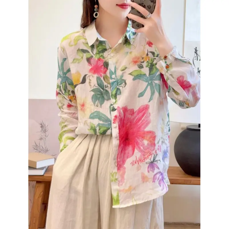 Floral Print Women's Shirt Polo Neck Top Summer Style Loose and Sweet Shirts Korean Reviews Many Girls Clothes Shirts & Blouses