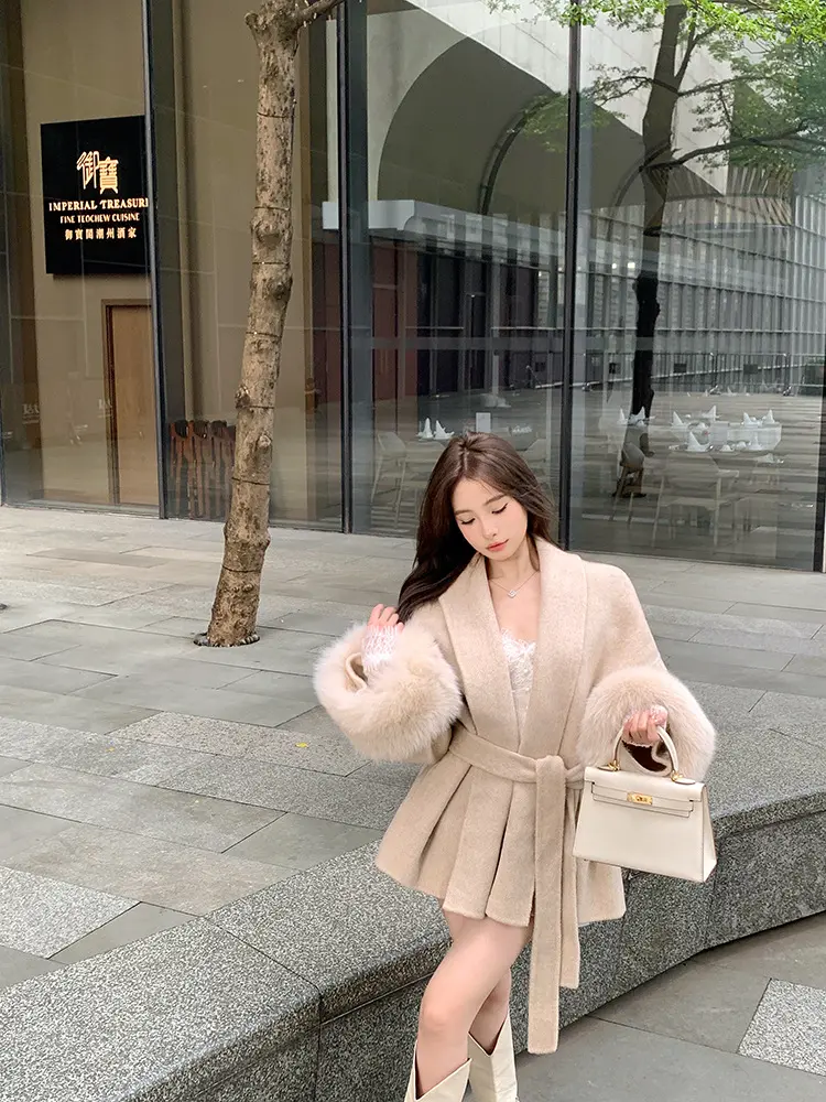 New Fox Fur Coat Gray Tie Waisted Double-sided Cashmere Tweed Coat Female Autumn and Winter Long-sleeved Loose Coat in Long Tops