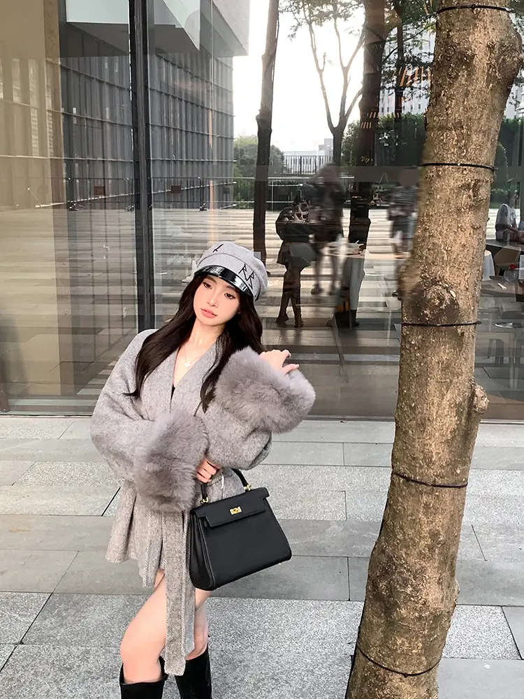 New Fox Fur Coat Gray Tie Waisted Double-sided Cashmere Tweed Coat Female Autumn and Winter Long-sleeved Loose Coat in Long Tops