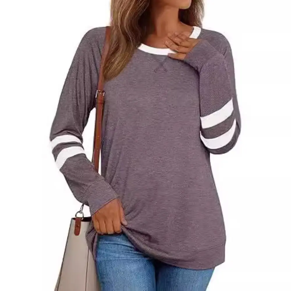 Spring and Autumn New Women's Fashion Color Collision Long-sleeved Casual Loose Round Neck T-shirt Tops Color Blocking