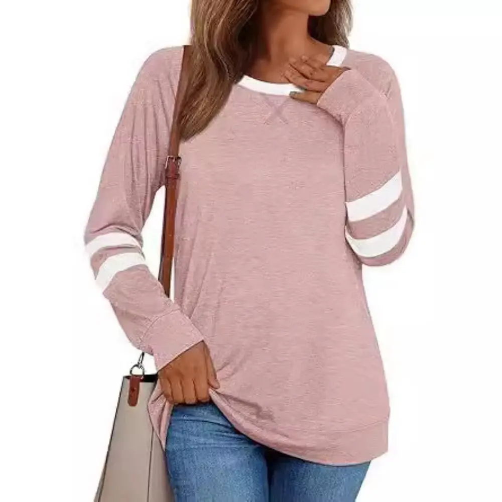 Spring and Autumn New Women's Fashion Color Collision Long-sleeved Casual Loose Round Neck T-shirt Tops Color Blocking