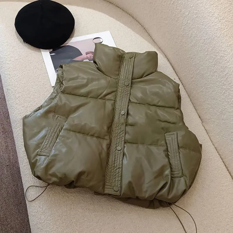 Down Insulated Vest for Women, PU Leather, Short Vests, Middle-aged Women's Clothing, Office, Street Style, New Outerwear, 2024