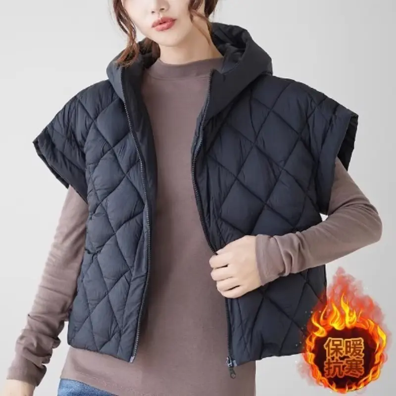 Lightweight Adding Vest Women's Winter Down Jacket with Hood  Casual Sleeveless Cardigans Vintage Hooded Cropped Jackets Vest