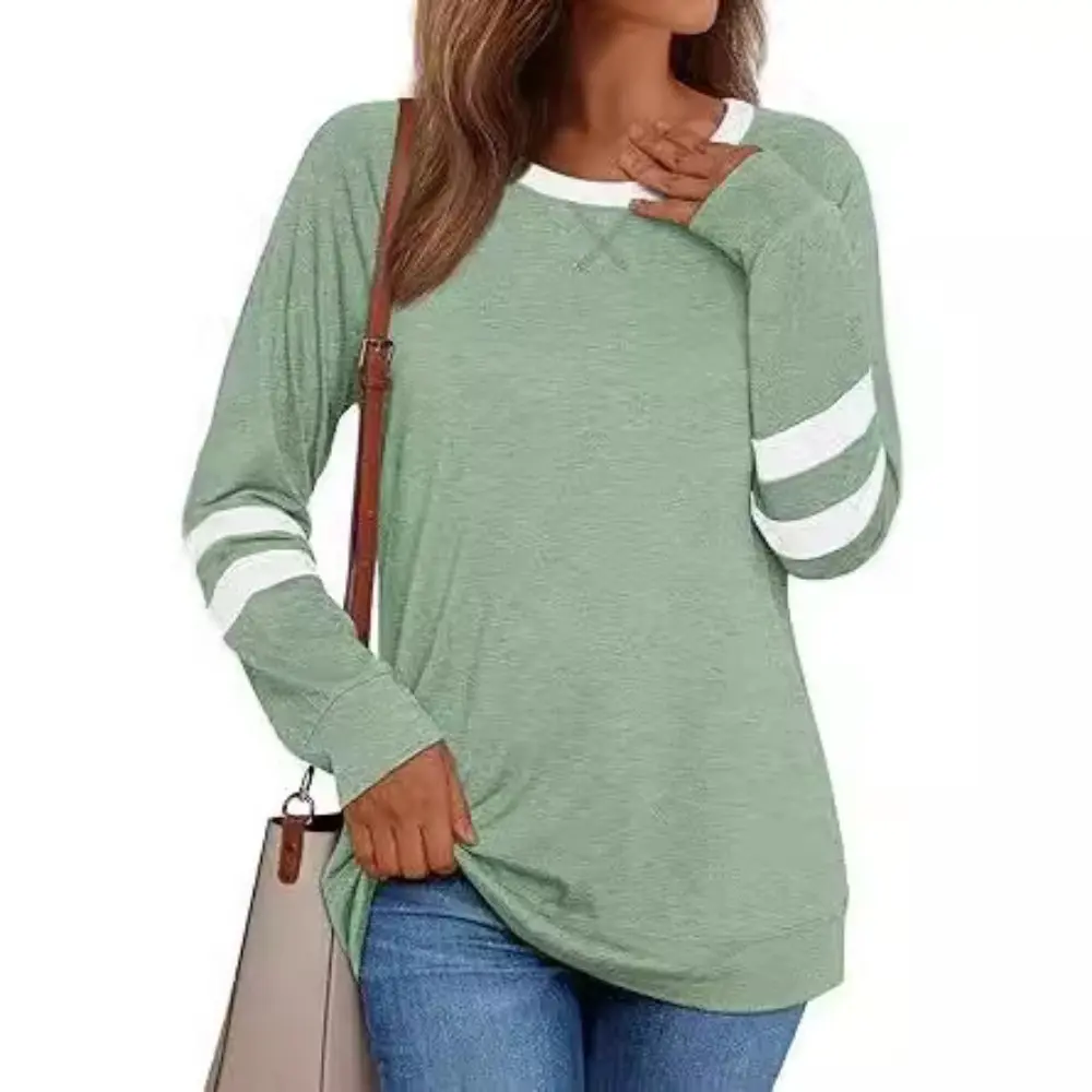 Spring and Autumn New Women's Fashion Color Collision Long-sleeved Casual Loose Round Neck T-shirt Tops Color Blocking