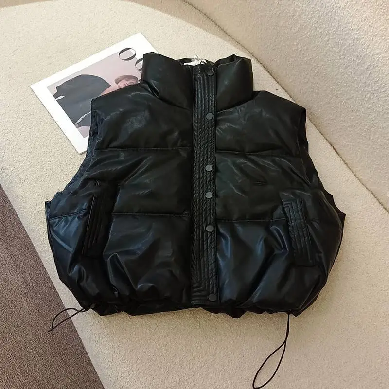 Down Insulated Vest for Women, PU Leather, Short Vests, Middle-aged Women's Clothing, Office, Street Style, New Outerwear, 2024